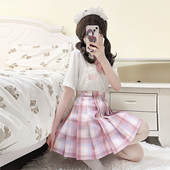 少女粉微胖mm大码 邂逅 猫之物语原创JK格裙套装 百褶裙减龄a字中裙