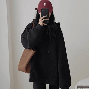 春秋冬款韩版中长款黑色上衣ins潮牌连帽宽松加绒纯色卫衣女外套