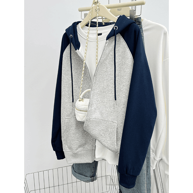 插肩撞色卫衣外套男女秋冬宽松潮
