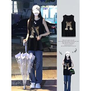 黑色背心女款外穿无袖t恤纯棉夏季美式小众宽松坎肩减龄打底上衣