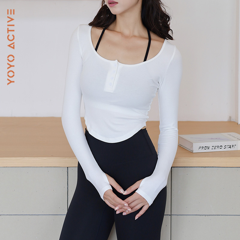 YOYOACTIVE假两件绑带长袖 带胸垫运动瑜伽健身上衣修身中长款秋