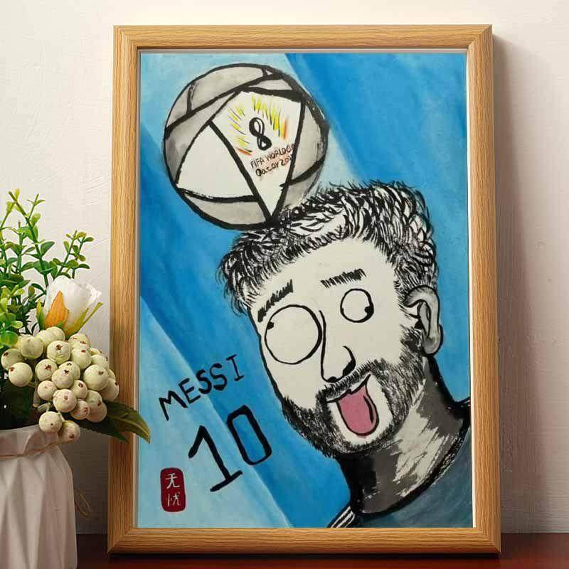 梅西搞笑肖像画卡塔尔世界杯冠军周边名家真迹桌面摆件礼物摆画潮