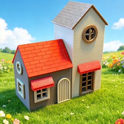 童话风红顶双联小屋微缩建筑 圆窗撞色设计 精致摆件