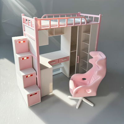 3D打印娃娃屋高架床书桌套装  电竞椅   BJD OB娃 粉白色微缩家具