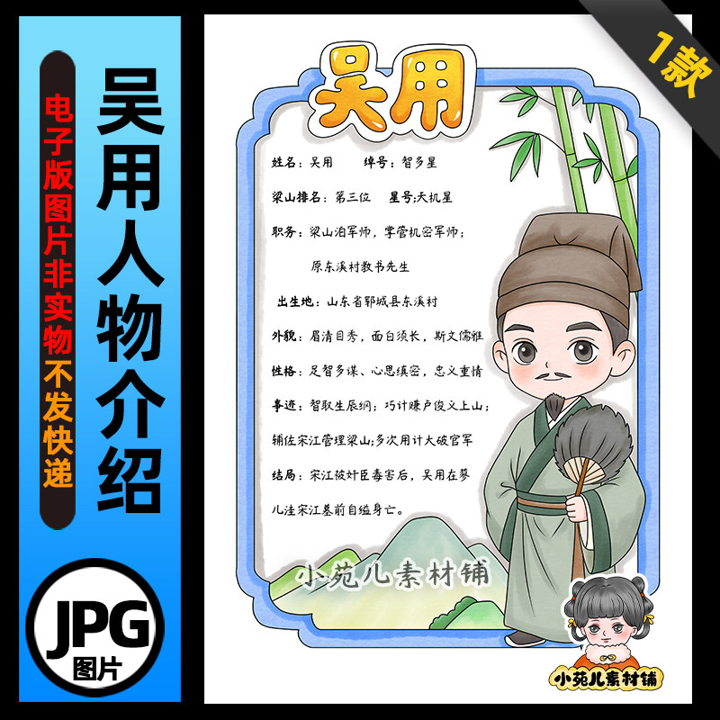 1404【电子版】水浒传智多星吴用人物卡手抄报线稿竖版
