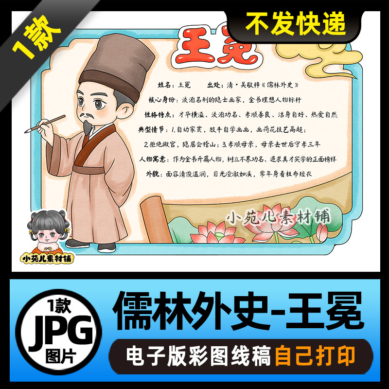 1284【电子版】儒林外史王冕人物卡手抄报可打印图片读书