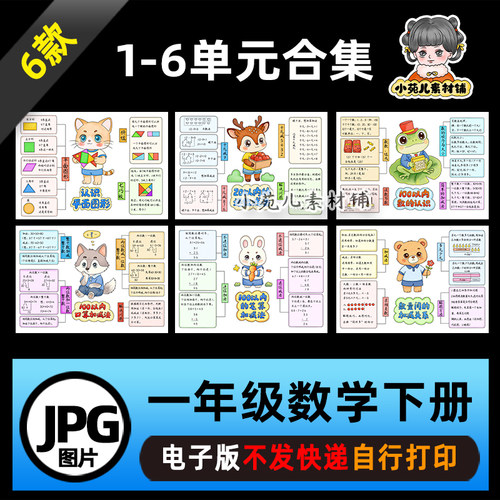 Y1【电子版】人教一年级数学下册1到6单元思维导图线稿图片