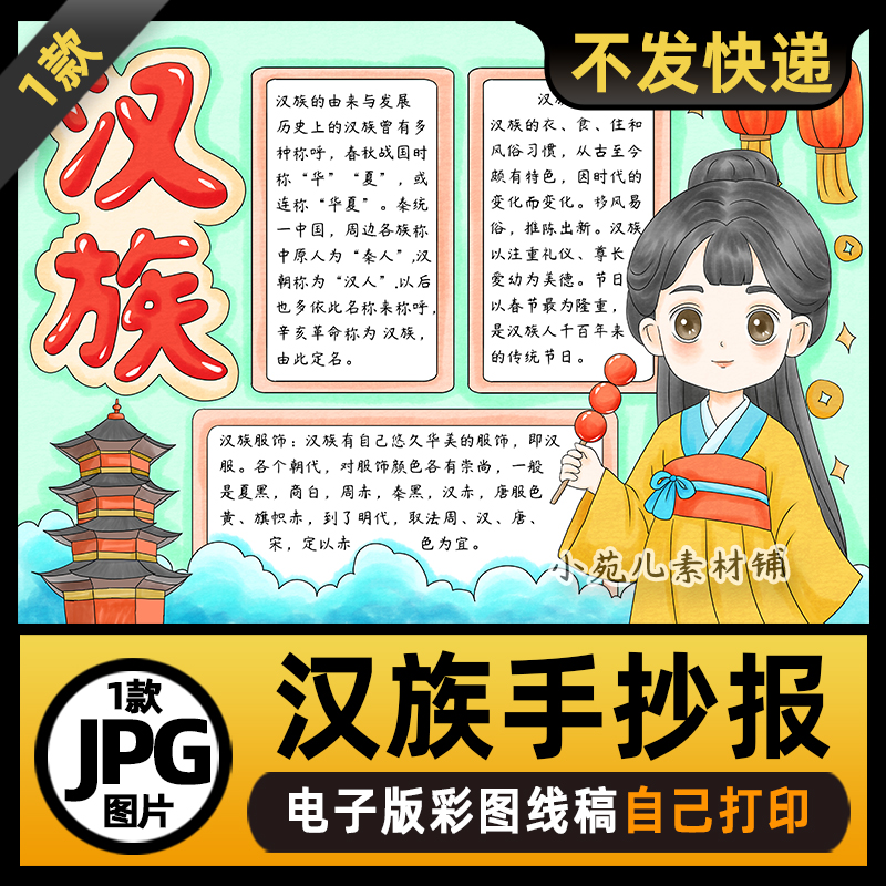 B877中国民族汉族文化服饰手抄报电子版模板高清线稿可打印图