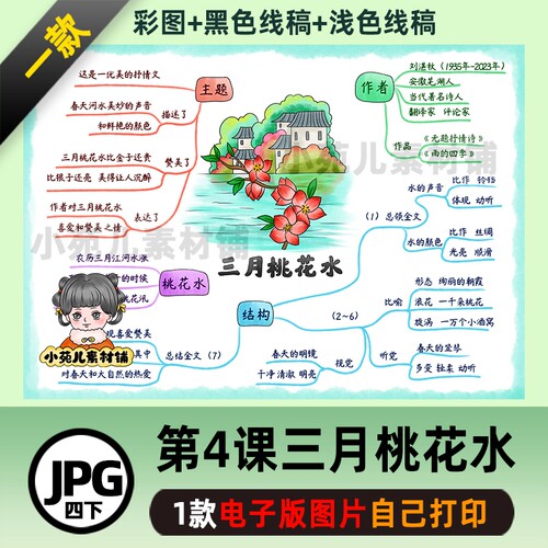 B578四语下第4课三月桃花水思维导图彩图线+稿电子版图片