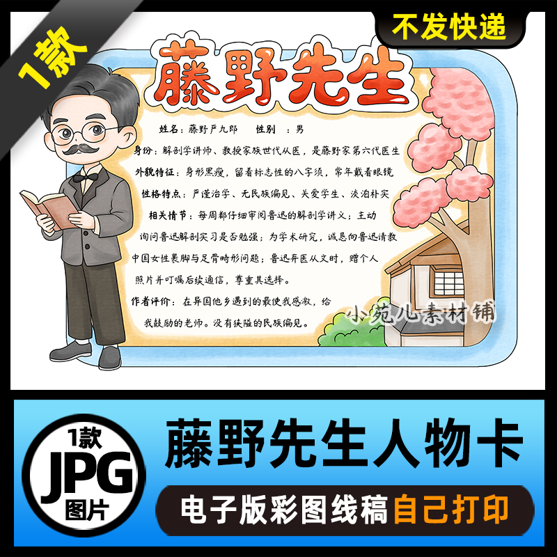 1142【电子版】朝花夕拾藤野先生人物卡名片手抄报电子版线稿