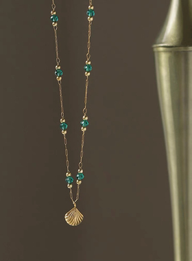 ZaSaFran「贝语森境」绿色串珠贝壳项链女士小众设计感复古锁骨链