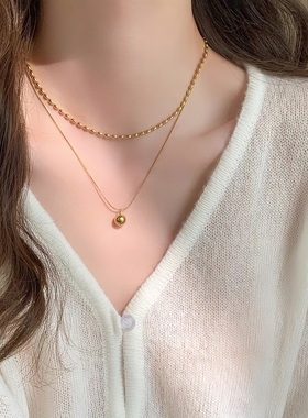 18K金项链女款双层圆珠链锁骨链黄金色素圈吊坠颈饰送女友礼物