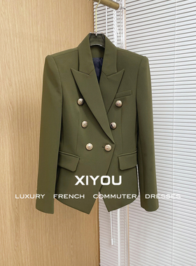 2024秋季新款高品质狮子头双排扣修身显瘦军绿色职业西装外套女