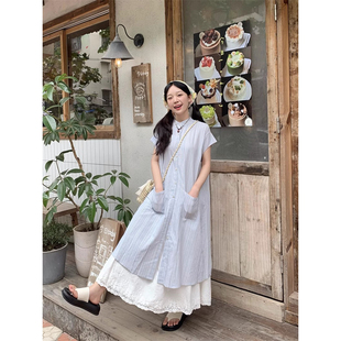 浅蓝色竖条纹连衣裙宽松大码衬衫衬衫裙单排扣短袖女夏季减龄叠穿