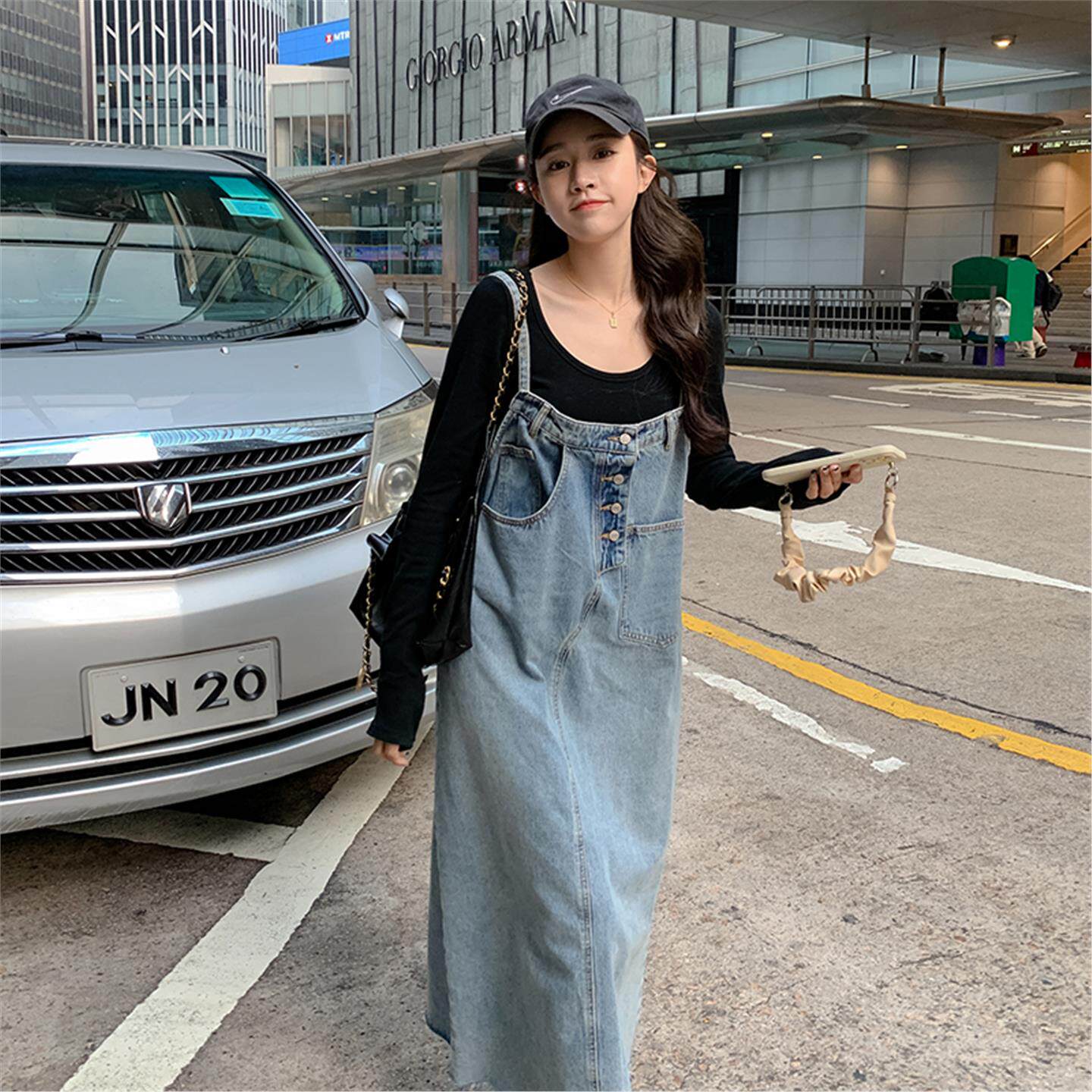 外贸春秋新款学院风减龄牛仔吊带连衣裙女韩版设计感盐系背带裙子