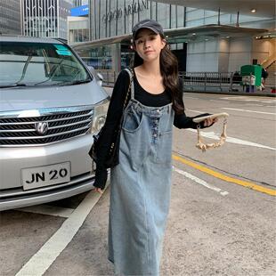 外贸春秋新款学院风减龄牛仔吊带连衣裙女韩版设计感盐系背带裙子