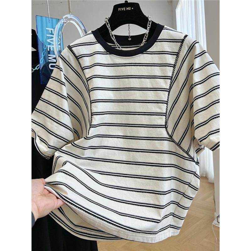 小众设计感200斤半袖宽松上衣加大码胖mm蝙蝠袖条纹短袖t恤女夏季