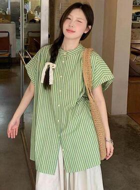 女夏季中长款外搭小飞袖娃娃衫薄度假风绿色条纹短袖防晒衬衫