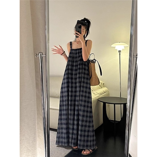 棉麻格子连体裤女夏大码复古减龄宽显瘦阔腿长裤方领背带裙裤露背