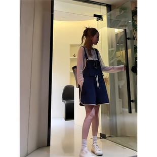 夏季透气轻薄背带裤女设计感小众拼色抽绳百搭休闲韩版背带短裤子