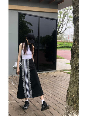 拼接黑蕾丝裙运动风A字长裙百搭