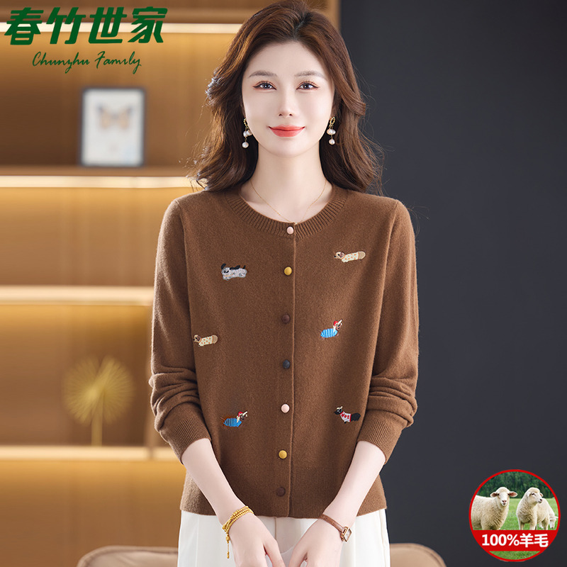 春竹世家100%纯羊毛衫女圆领绣花毛衣开衫秋冬季宽松大码针织外套