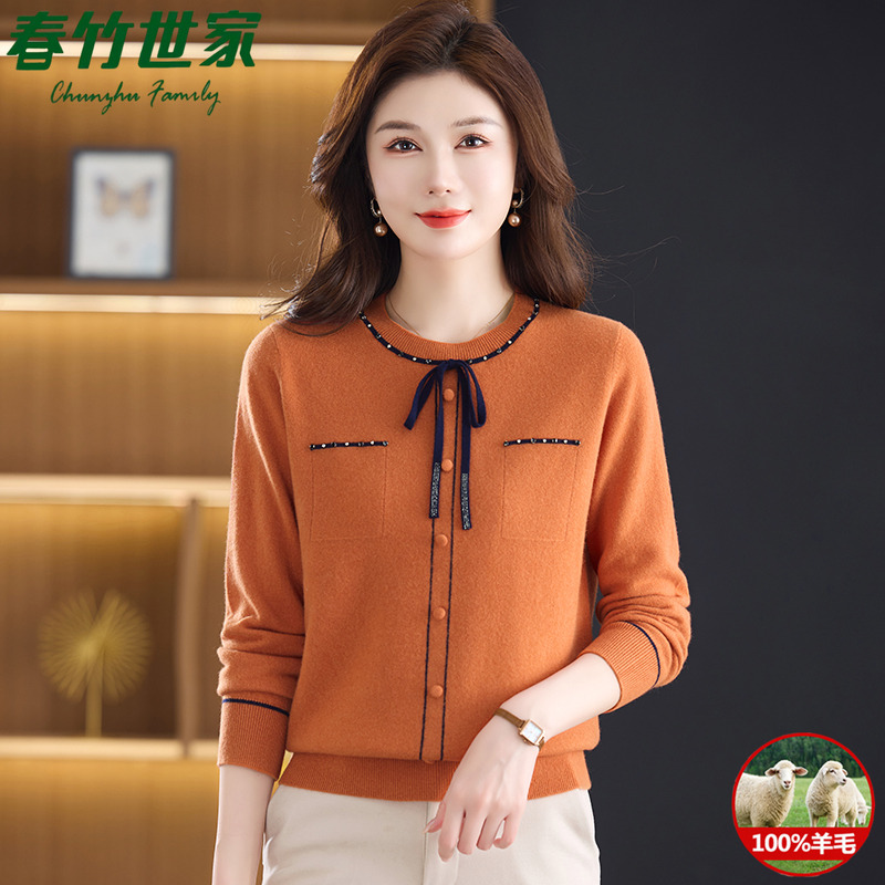 春竹世家100%纯羊毛衫女圆领拼色系带毛衣秋冬洋气妈妈针织打底衫