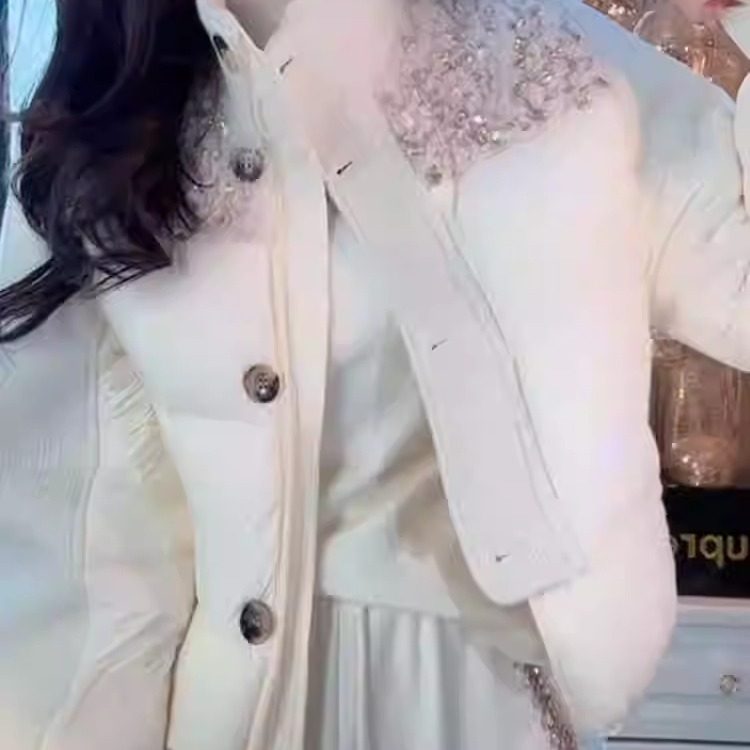 时尚重工烫钻拼接立领棉服女2025冬名媛风气质长裤保暖外套两件套