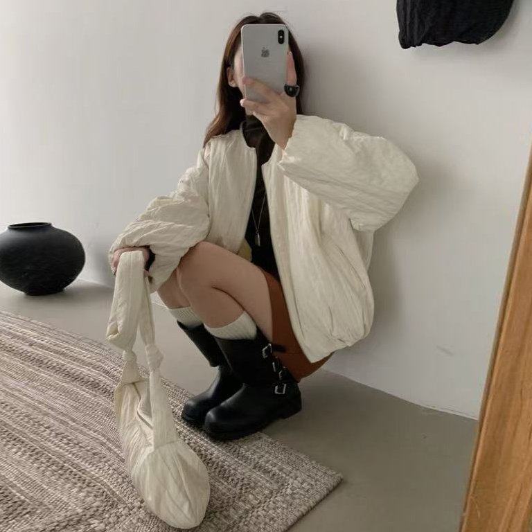 尺寸已更新 韩系温柔气质简约百搭圆领拉链棉服外套 配包包