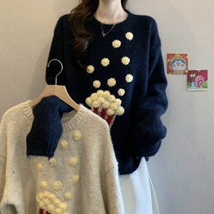 实拍大码 软糯减龄重工卡通爆米花刺绣毛衣胖妹妹遮肚针织上衣 韩版