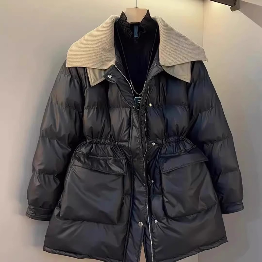 针织大翻领羽绒棉服女冬季大码胖mm高级感减龄好看中长款棉衣外套