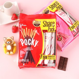 泰国格力高百奇pocky巧克力草莓涂层饼干棒内含7包家庭装零食140g
