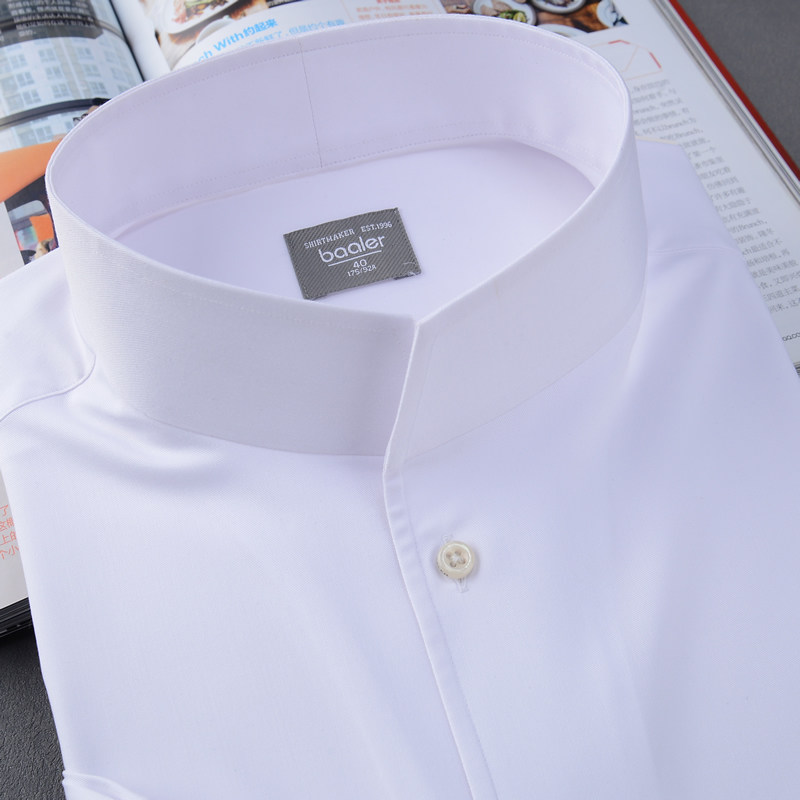 拜耳新款立领长袖衬衫免烫挺括主持新郎司仪帅气儒雅黑白色可定制
