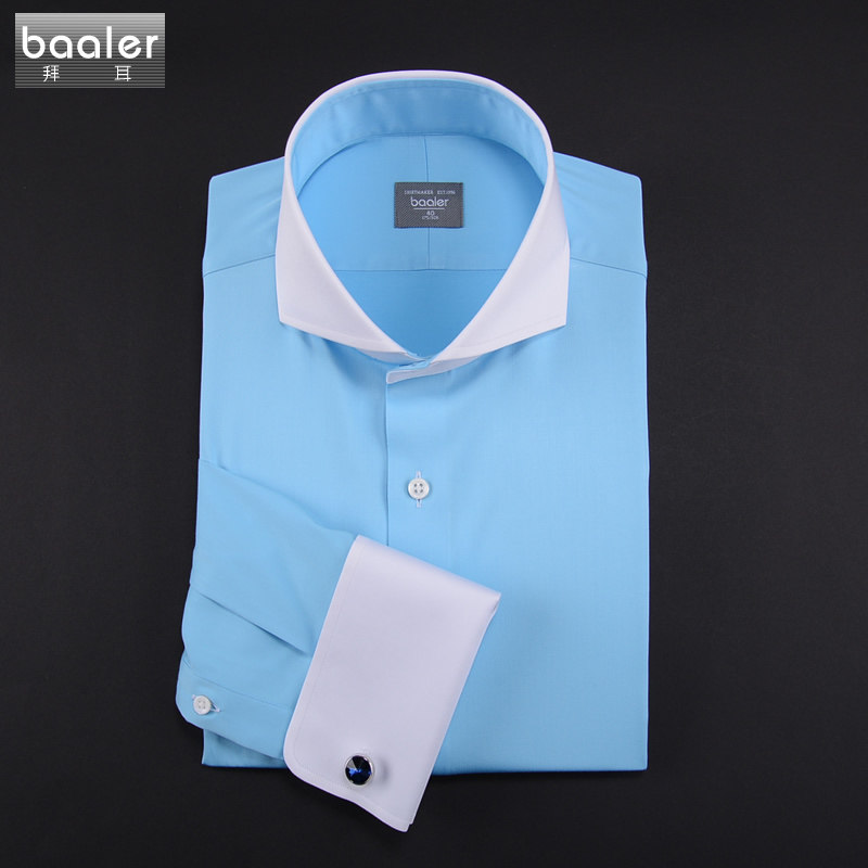 拜耳法式袖异色领竹纤维免烫弹力修身小清新长袖衬衫时尚白领定制
