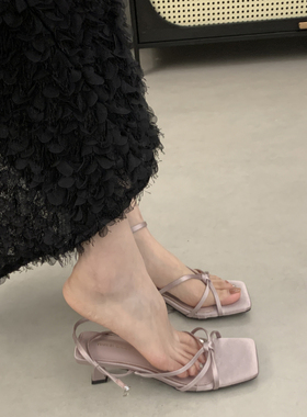 夏天配裙子法式紫色绝美高跟鞋女韩版气质方头露趾凉鞋女夏季外穿