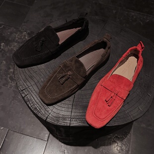 反绒磨砂平底复古英伦风懒人单鞋 羊猄皮流苏乐福鞋 女