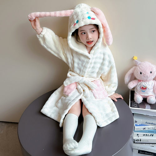儿童浴袍女童珊瑚绒连帽睡袍加厚保暖家居服公主风秋冬款