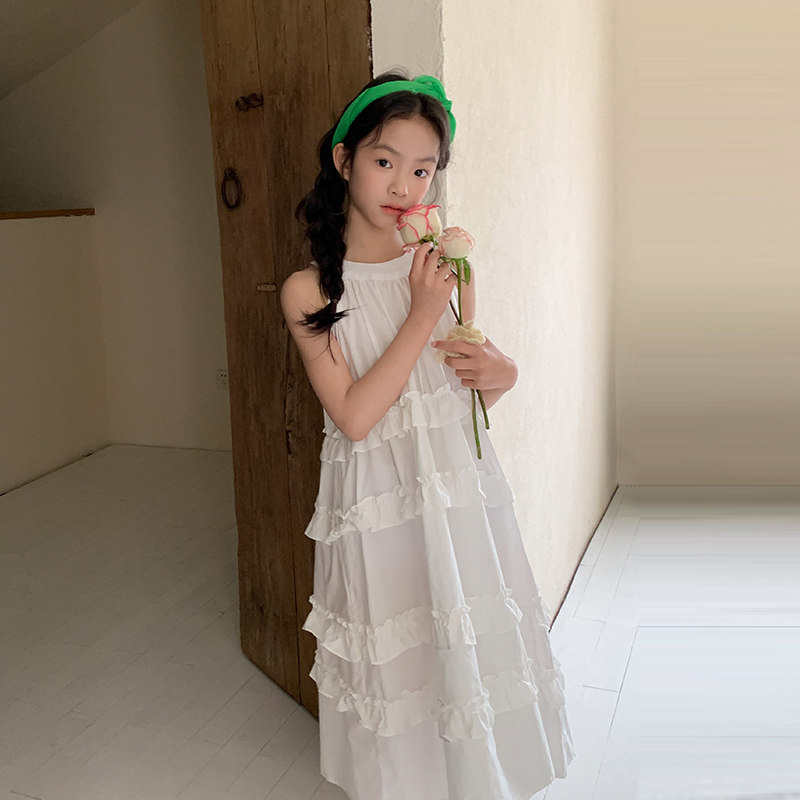 女童夏季无袖挂脖公主连衣裙白色中长裙蛋糕裙层次感