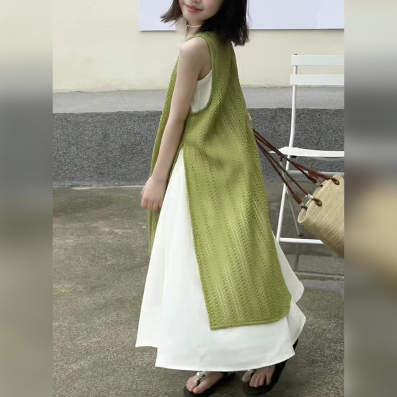 绿色小清新镂空罩衫连衣裙女童夏季假两件叠穿度假风背心裙