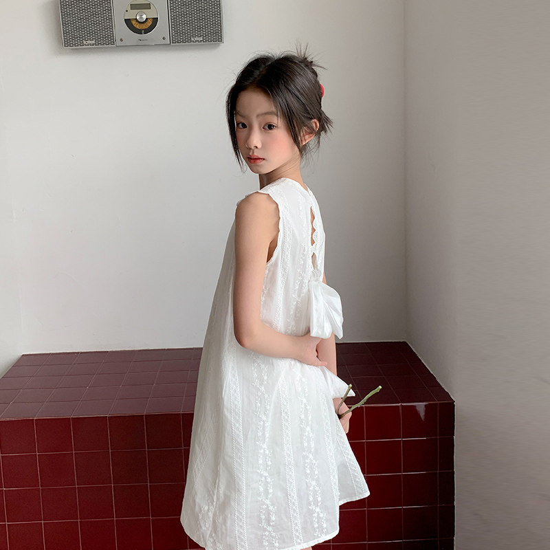 女童白色无袖连衣裙夏季中长裙公主风后背大蝴蝶结甜美