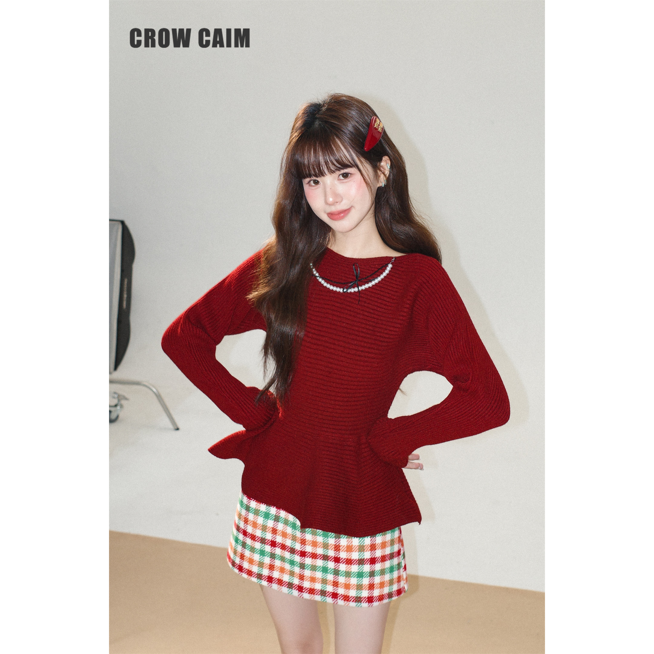 CROWCAIM 收腰蓬蓬下摆坑条毛衣女时尚显白小众设计感上衣