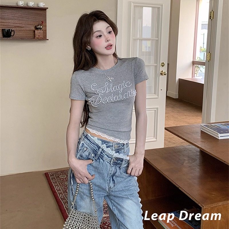 Leap Dream 字母钉珠花边短袖甜美减龄气质上衣
