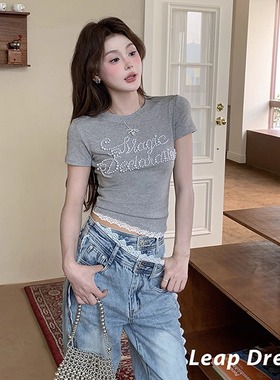 Leap Dream 字母钉珠花边短袖甜美减龄气质上衣