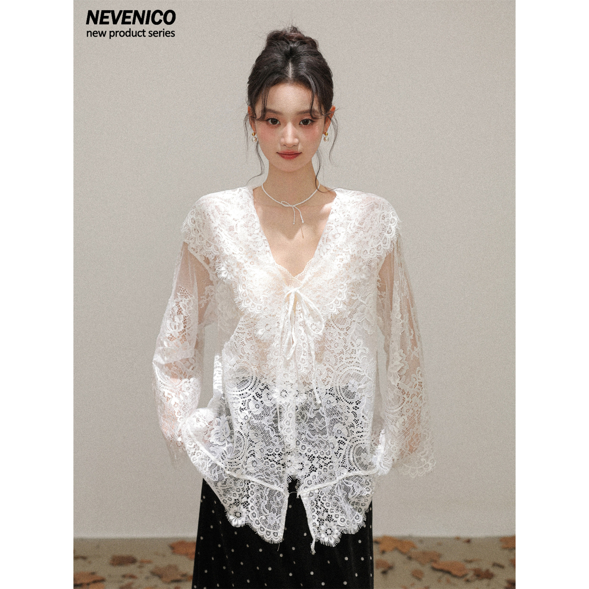 NEVENICO 叠穿连帽睫毛蕾丝上衣女宽松百搭薄款长袖