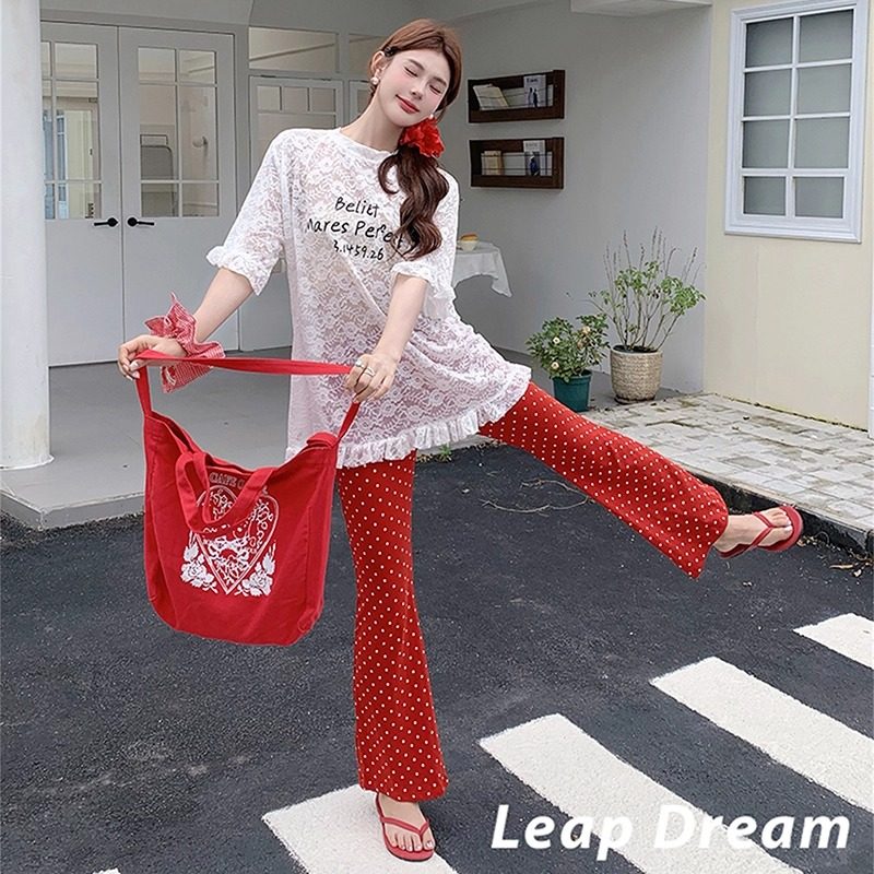 Leap Dream 波点高腰微喇叭休闲裤女显瘦百搭长裤