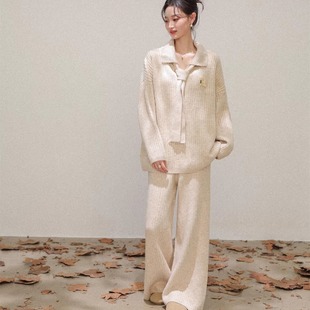 NEVENICO 系带翻领毛衣阔腿裤套装女慵懒风时尚两件套