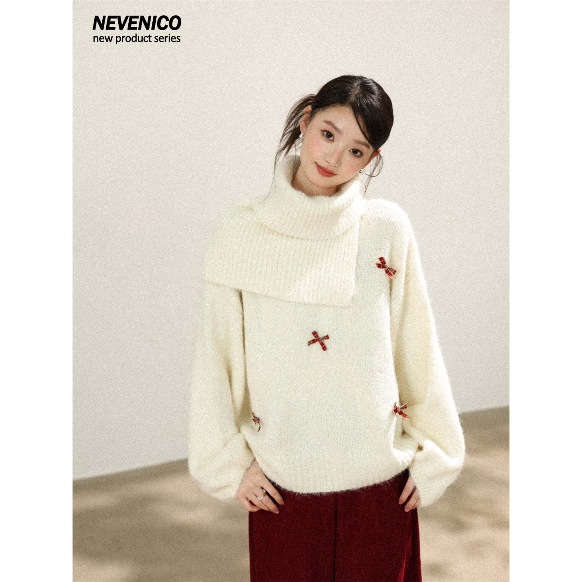 NEVENICO 翻边围脖蝴蝶结灯笼袖毛衣女宽松减龄上衣