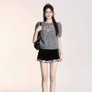 子 女高腰显瘦气质百搭裤 NEVENICO 亮片拼接丝绒A字短裤