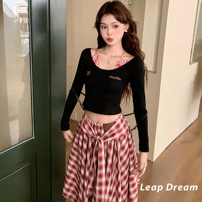 Leap Dream 系带挂脖格纹拼接长袖女撞色紧身短款百搭上衣