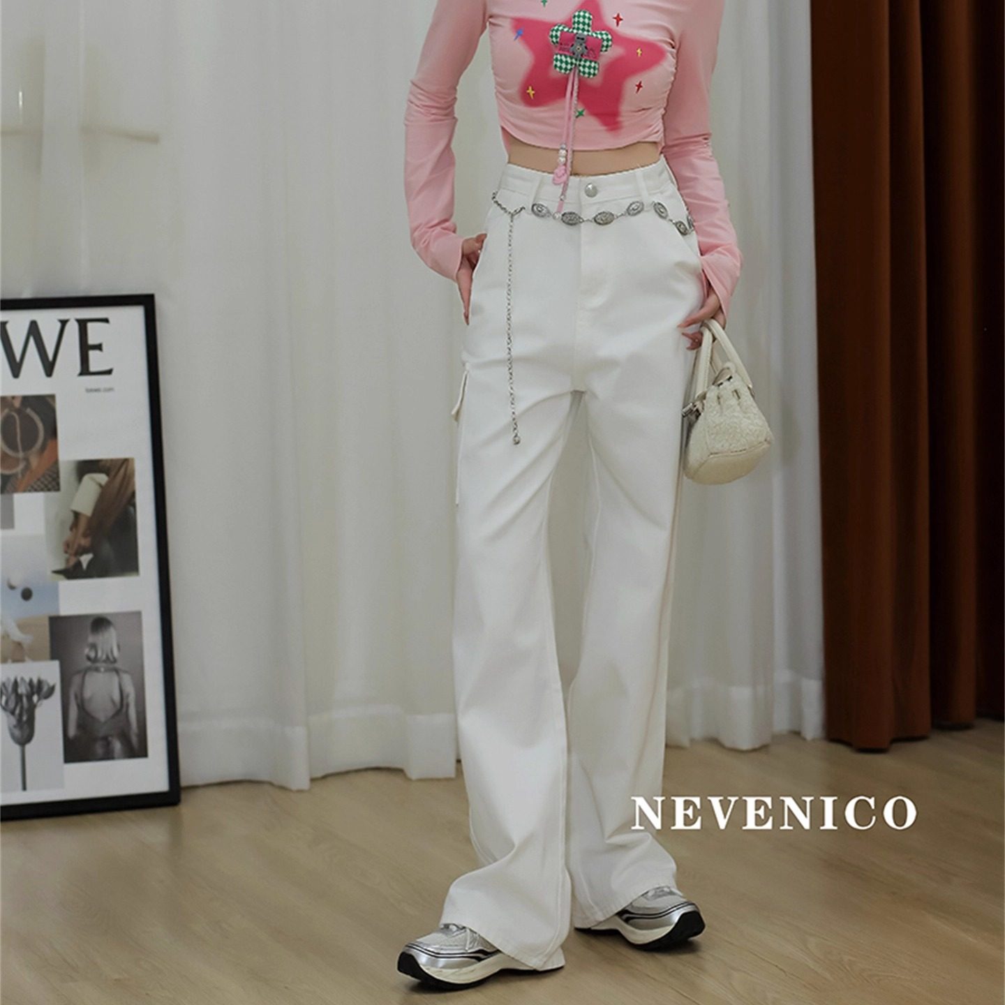 NEVENICO 送腰链美式口袋直筒牛仔裤女宽松百搭时尚阔腿长裤